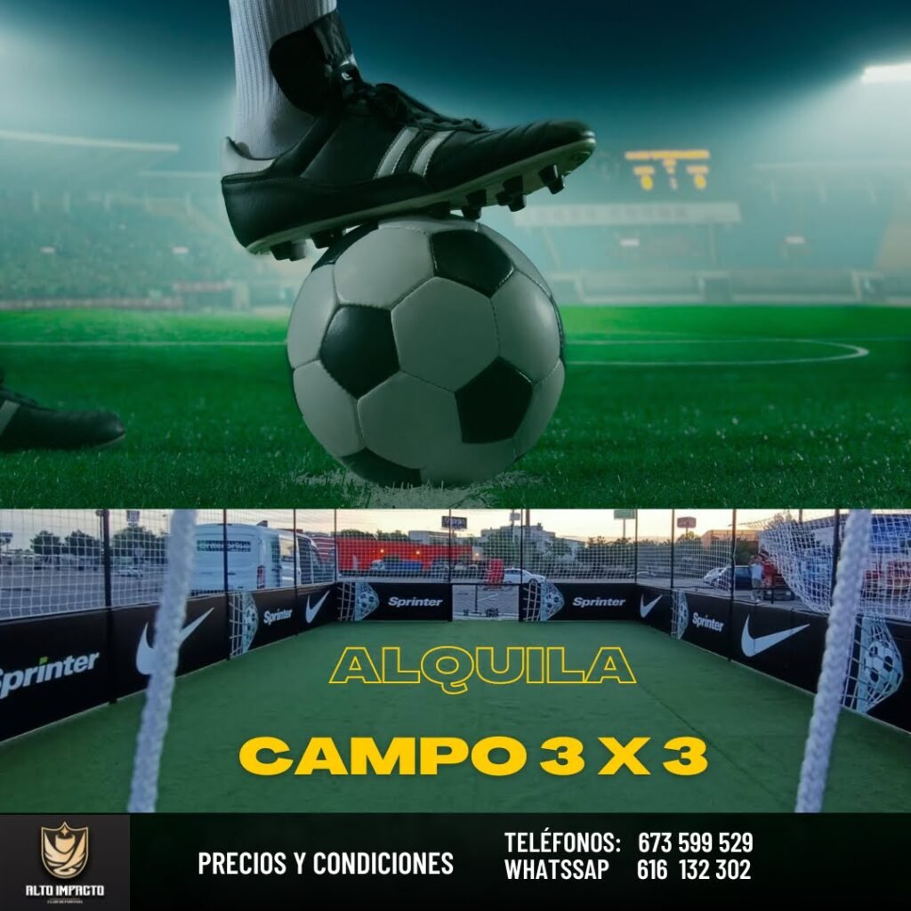 Alquila tu pista 3x3.
PRESUPUESTO PERSONALIZADO Y SIN COMPROMISO 

Cancha de fútbol 3x3.
Tamaño 12mx6m o 15mx8m

🏆 ¡Actúa Rápido, Alquila la pista. Disponible!
Esta es tu oportunidad de ser el dueño de una pista de fútbol de calidad premium. ¡No esperes más para hacer realidad tu sueño futbolístico!

🛒 ¡Alquila Ahora y Haz Realidad Tu Sueño Futbolístico!

👉 www.futpalsport.com

☎️ +34 616132302

⚽¡Conviértete en una estrella del fútbol con nuestra pista 3x3! 🌟

¿Listo para vivir la emoción del fútbol como nunca lo has sentido? ¡Descubre nuestra increíble pista de fútbol 3x3 y haz que tus habilidades brillen!

🚀 Características :

🌐 Pista de fútbol 3x3, de 12mx6m o 15mx8m
el tamaño perfecto para tecnificaciones.

⚽ Adquiere el control total de la cancha y desata tu pasión por el fútbol.

🌟 ¡Tu sueño de ser la estrella del fútbol está a un solo paso de convertirse en realidad!

🌍 Juega Donde Quieras:
Perfecta para tecnificaciones de fútbol en cualquier lugar. Lleva tu juego al próximo nivel, ¡sin límites!